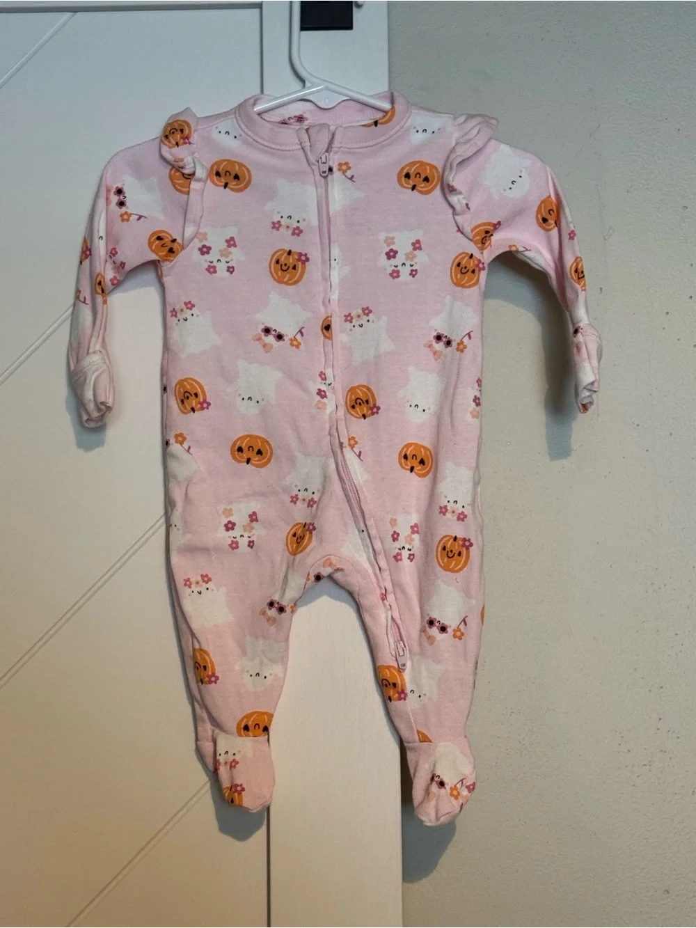Old Navy Baby Halloween Footed Sleeper Ghost Pumpkin Pink 2-Way Zip 0-3M